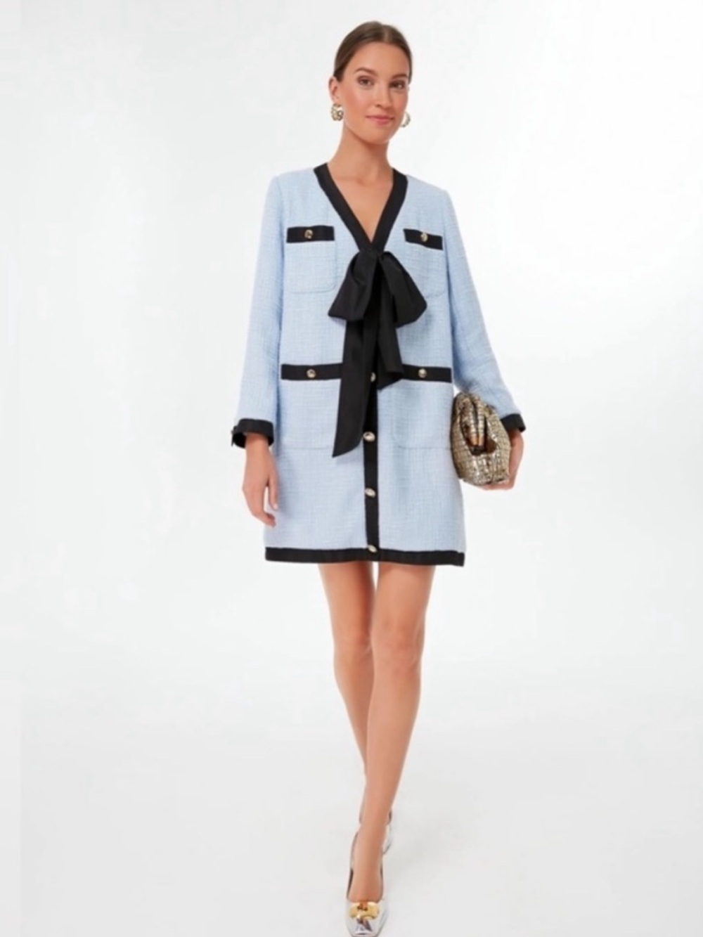Pomander Place by Tuckernuck Light Blue Coco Tweed Bow Dress XS Long Sleeve